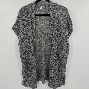 Eileen Fisher Cardigan Sweater Womens Large Black White Linen Blend Open Front - Picture 1 of 11