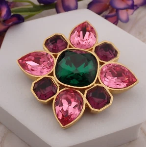 VTG 1980's Mary Frost Pink Purple Green Crystal Maltese Cross Gold Tone Pin - Picture 1 of 5