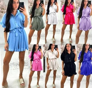 Women Ladies Gold Button Playsuit Belted Pleated Collard Smock Frill Dress New - Picture 1 of 14