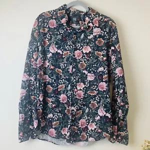 H&M Top Shirt Women’s Large Black Floral Button Up Long Sleeve Slim Fit Collard - Picture 1 of 13