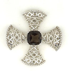 VTG Sterling Silver Pendant, 925 Jerusalem Filigree Cross with Smoky Topaz - Picture 1 of 2