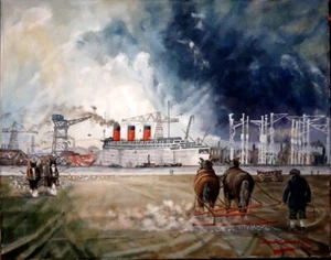 DON CAMERON ORIGINAL "R.M.S Queen Mary" CUNARD ship boat maritime OIL PAINTING - Picture 1 of 1