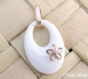 925 Silver Pink Rose Gold Hawaiian Plumeria Flower White Ceramic Oval Pendant - Picture 1 of 1