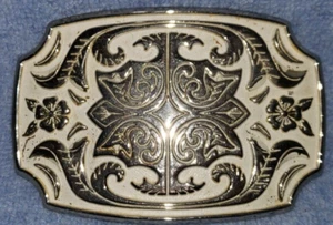 Vintage Western Plate Buckle Belt Silver White Enamel Look 1970s - Picture 1 of 2