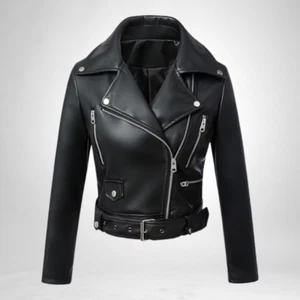 Women's Cafe Racer Moto Biker Distressed Black soft Sheep Skin Leather Jacket - Picture 1 of 12