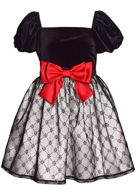 NEW Bonnie Jean Girls Size 16 "BLACK VELVET RED BOW" Puff Sleeve Christmas Dress - Image 1 of 3