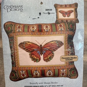 Candamar Designs Butterfly with Mosaic Border Needlepoint Kit 14" X 16" Pillow - Picture 1 of 5