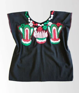 Blusa Para Mujer Mexicana Bordada Tricolor Cactus Floral Campesina Negra Top S-M  - Imagen 1 de 3
