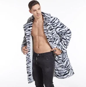 New Men's Fur Overcoat Tiger Pattern Mid Length Warm Coat Winter Trench Jacket - Picture 1 of 12