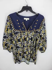Suzanne Betro Weekend Top Womens Medium Blue Yellow Floral Embroidered Boho - Picture 1 of 7