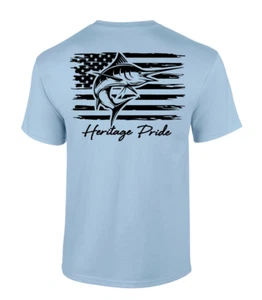 Heritage Pride Marlin Deep Sea Fishing American Flag Short Sleeve T-shirt - Picture 1 of 8