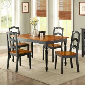 5 Piece Kitchen Dining Set Farmhouse Wood Table & 4 Chairs Black & Cherry Oak - Picture 1 of 4