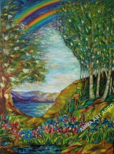 IMPRESIÓN ACEO "Master Tiffany's vitral vitral" por EMMA arco iris paisaje al óleo - Imagen 1 de 4