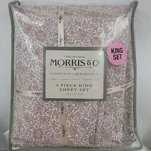 William MORRIS & Co~Tan on White Floral 4piece~King Sheet Set~100% Cotton - Picture 1 of 5