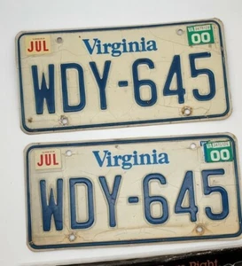 Virginia License Plates- A Matching Pair Pressed in 96 w/ 2000 Sticker WDY 645 - Picture 1 of 5