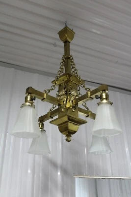 ANTIGUA MISIÓN GRAN ORNAMENTADA CON CARAS 4 BRAZOS LATÓN ARAÑA PANTALLA DE CRISTAL  Foto 1 de 4