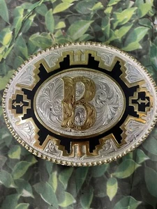 Individuelle Initiale Monogramm Buchstabe B - gestempelt Justin Boot Silber Mexiko Gürtelschnalle - Bild 1 von 4