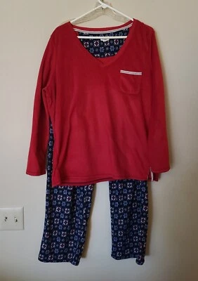 Women's Lucky Brand Pullover Red Navy Fleece Pajama Set Sleepwear Size XL - Image 1 of 4
