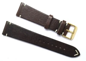 21mm Brown/White Genuine Leather Classic Watch Band Handmade Gold Tone Buckle - Picture 1 of 4