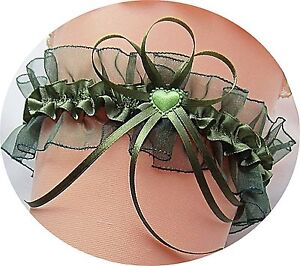  XXL Braut Strumpfband bis 80 cm grün olive mit Herzchen Hochzeit Satin Tüll
