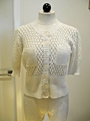 Yansi Fugel Beige Cropped Crochet Cotton Spandex Sweater, Size M - Image 1 of 4