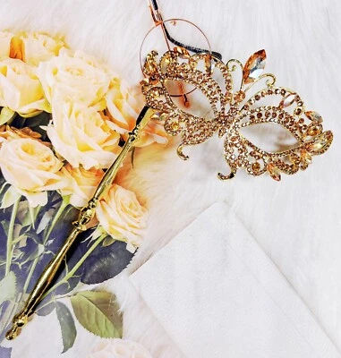 Champagne Masquerade Mask, Crystal Handheld Mask, Yellow Gold Mask, Wedding Mask - Image 1 of 4