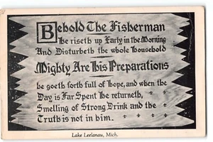 Postcard, Behold the Fisherman, Lake Leelanau, Mich, Humorous Fishing Poem 1930s - Picture 1 of 2