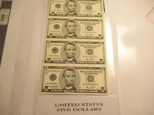 Uncut sheet of 4 2006 $5 Notes, UNC, FRN - Picture 1 of 6