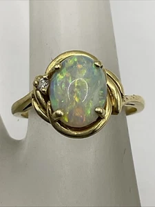 VINTAGE HANDGEFERTIGTER massiver 14K Gelbgold Cabochon Opal & Diamant Damen Ring 3gr. - Bild 1 von 24