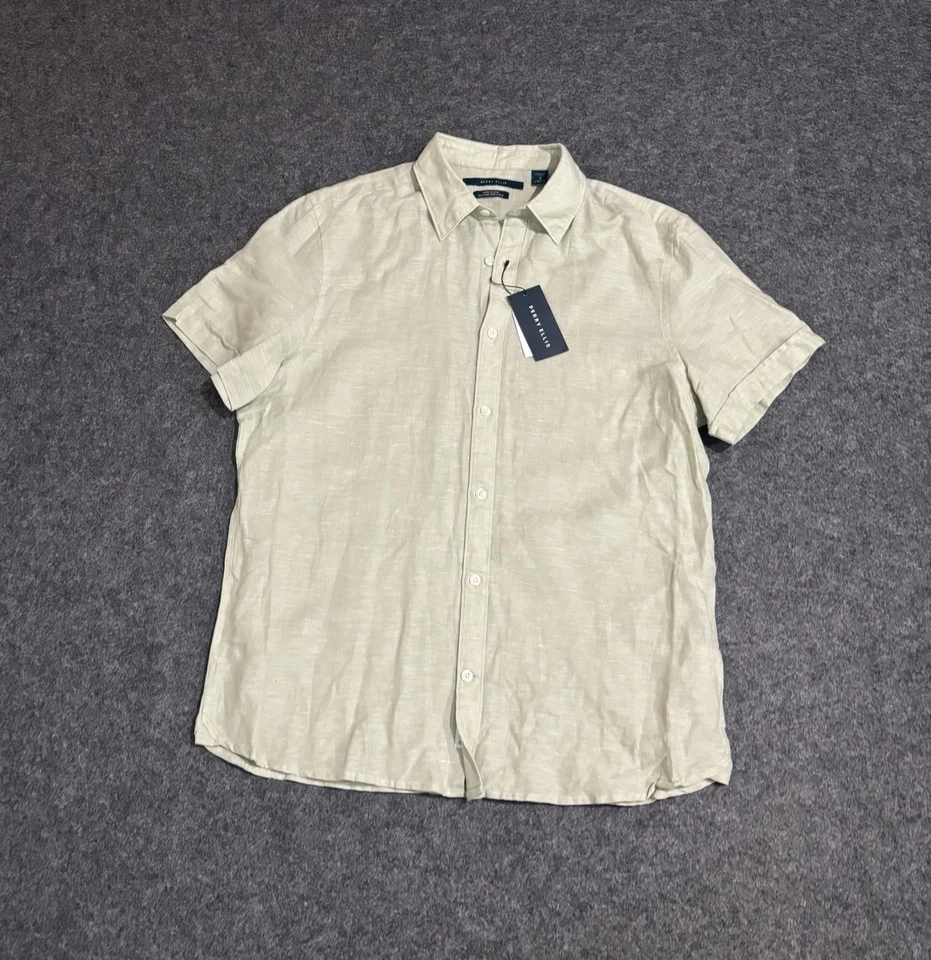 Perry Ellis Button Shirt Mens Medium Linen Blend Short Sleeve Green - Image 1 of 4