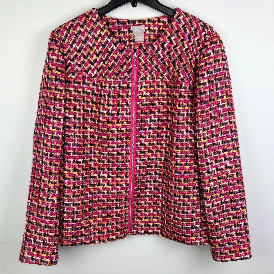 NUEVO CON ETIQUETAS Chico's Color Pop Tweed Chaqueta Blazer Rosa Multi Manga Larga Tejido talla 3 16 Foto 1 de 4