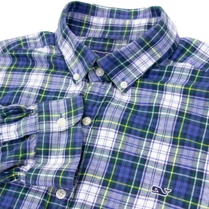Vineyard Vines Whale Shirt Mens L Blue Green White Plaid Flannel Cotton - Picture 1 of 10