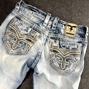 $ 220 Herren Rock Revival Jeans "Harmon" Ledereinsätze gerade helle Waschung 36 x 30 - Bild 1 von 9
