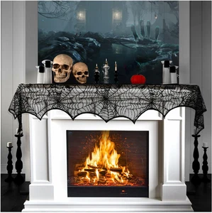 Black Lace Spiderweb Mantle Scarf for Halloween Home Party Supplies, 18 X 96 - Picture 1 of 11