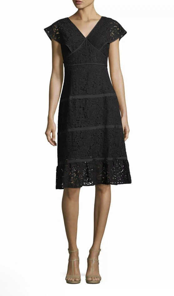 Nanette Nanette Lepore Sz8 Cap Sleeve Flounce Hem Sheath Lace Dress Bla