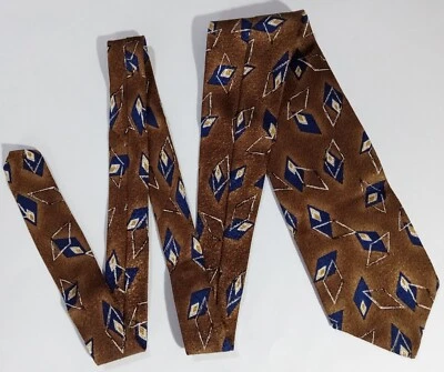 56" Monterey Bay Silk USA Scotchgard Brown Blue Geometric Wide Men's Necktie Tie - Image 1 of 4