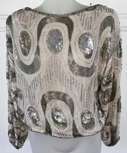 Vtg Sister Max 100% Ivory Silk Silver Sequin Swirl L/S shirt glam Deco Gatsby-S - Picture 1 of 12