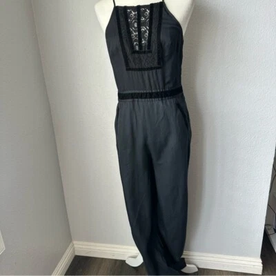 Free People Tuxedo Jumpsuit Lace Black Velvet details Straps open back Size 2 - Image 1 of 4