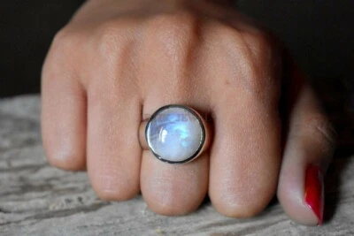 Pietra Lunare Arcobaleno Gemma Con 14K Placcato Oro Bianco Argento Uomo Anello # - Immagine 1 di 4