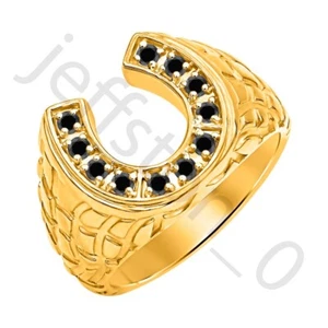 0.50 Ctw Lab Created Black Spinel 14K Yellow Gold Over Horseshoe Men's Ring - Picture 1 of 6