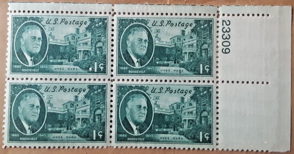 1945 President F.D. Roosevelt- Hyde Park Stamp Plate #23309 Block of 4 Env#1 MNH - Image 1 of 2