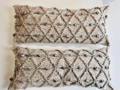 2-SURYA&COMFY DOWN INSERTS ANDERS CREAM&BLUE-GRAY DIAMOND TEXTURE LUMBAR PILLOWS - Image 1 of 4