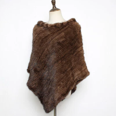 Poncho de piel de visón tejido hecho a mano abrigos de piel para mujer chal de piel real estola envolturas Foto 1 de 4