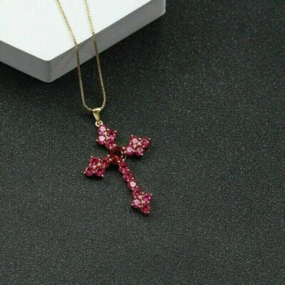 1.30Ct Round Cut Lab Created Red Ruby Cross Pendant Chain 14K Yellow Gold Plated - Image 1 of 4