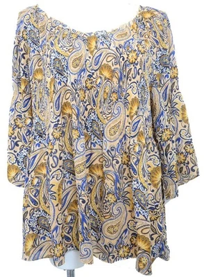 Ninety Clothing Co PLUS 1X Blue Mustard Paisley Bell Sleeve Boho Blouse Tunic - Image 1 of 4