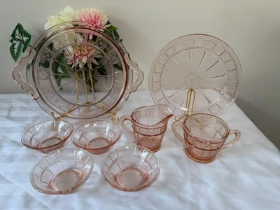 Jeannette Doric Pink Depression Glass Set Vintage Cream Sugar Bowls Platter Set - Image 1 of 4