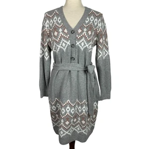 Lucky Brand Dress Women 1X Gray Pink Fair Isle Nordic Sweater Knit Tie Boho - Picture 1 of 13