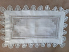 Vintage rectangular white voile cloth with drawn thread work and crochet edges.