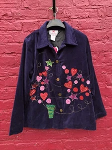 Quacker Factory Navy Heart Star Embroidered Party Velour Jacket Blazer Sz M 14-1 - Picture 1 of 16