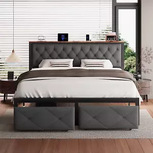 King Bed Frame with 2 Drawers, Metal Platform Bed with Charging Station and Line - Picture 1 of 12